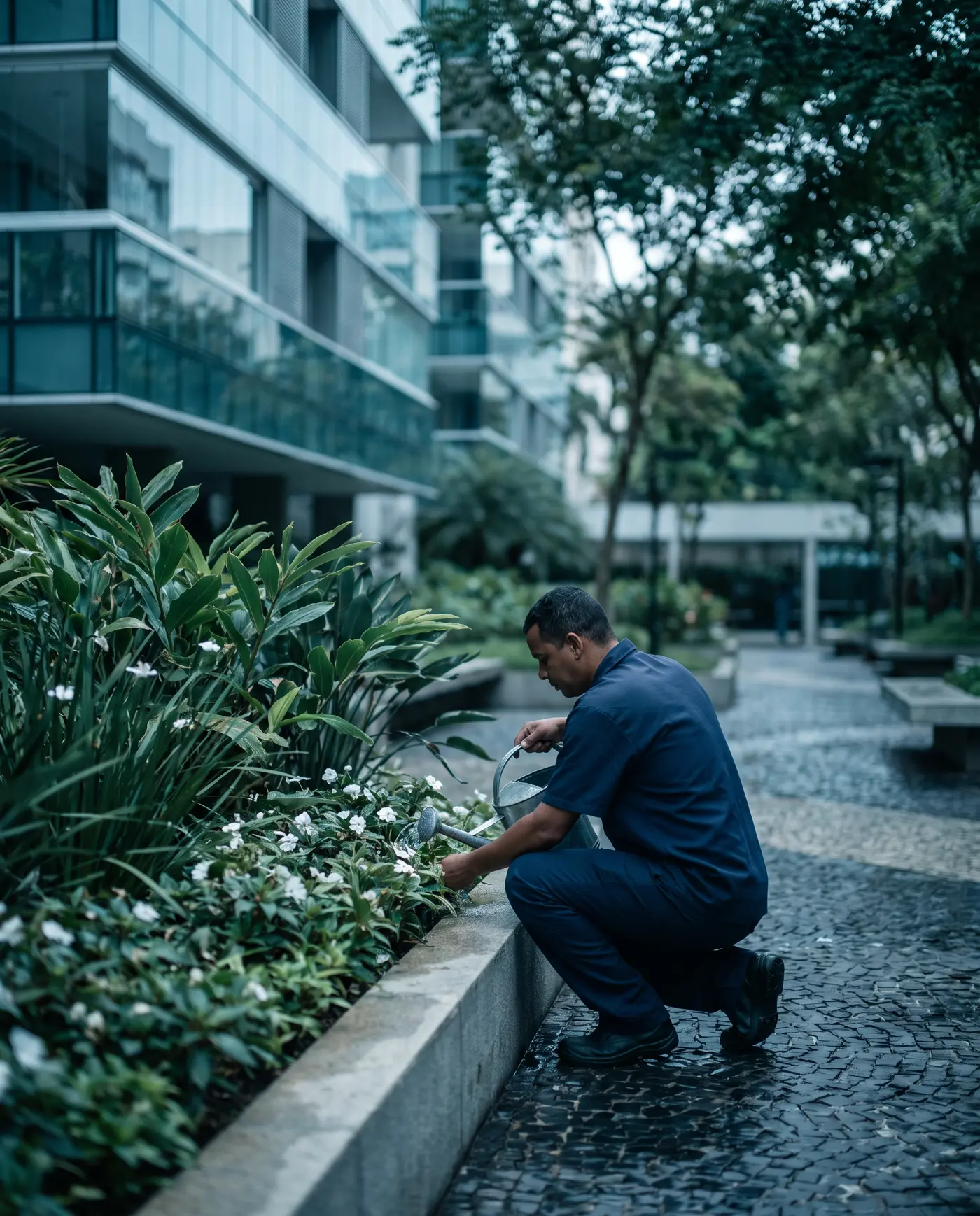 Jardineiro regando canteiros