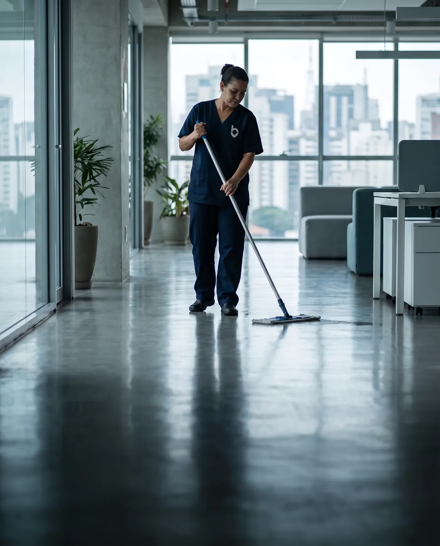 Profissional de limpeza limpando o piso de um corredor