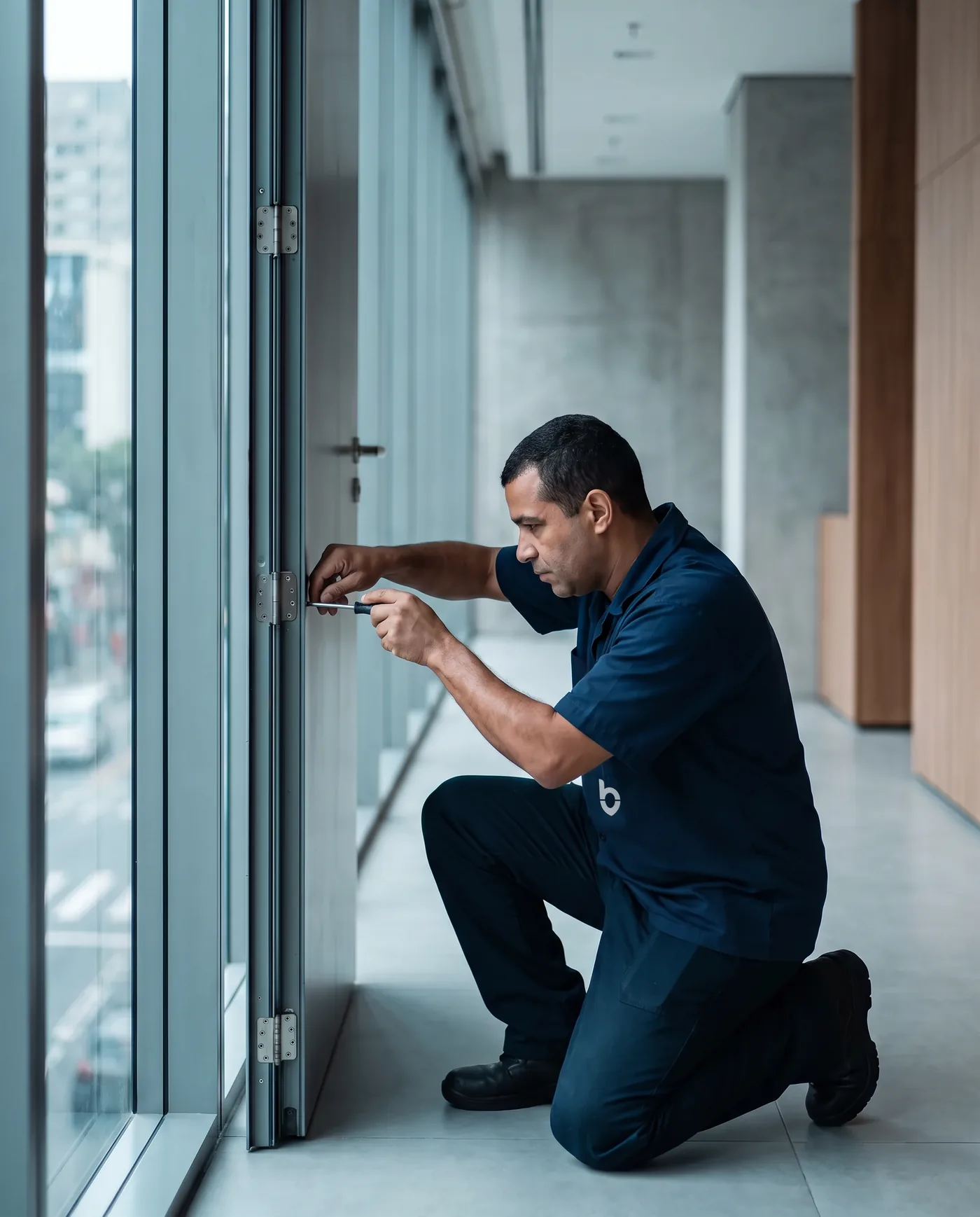 Zelador fazendo pequeno reparo em porta